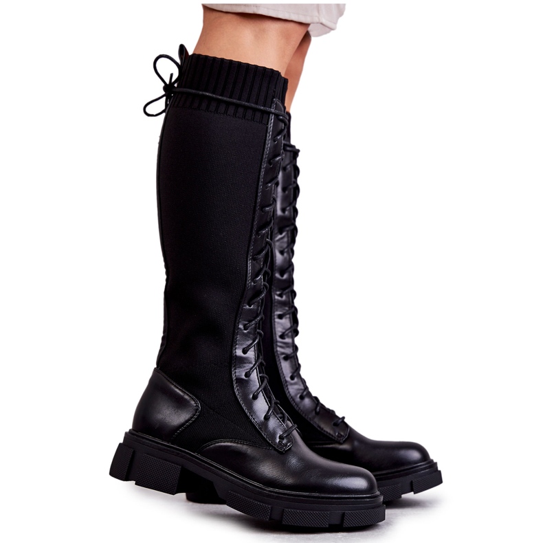 PS1 Botas femininas com meias de salto plano preto Verano PS1 Botas femininas com meias de salto plano preto Verano