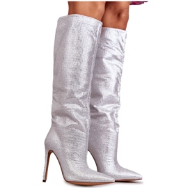 Botas elegantes de salto alto prateado com zircões cúbicos prata