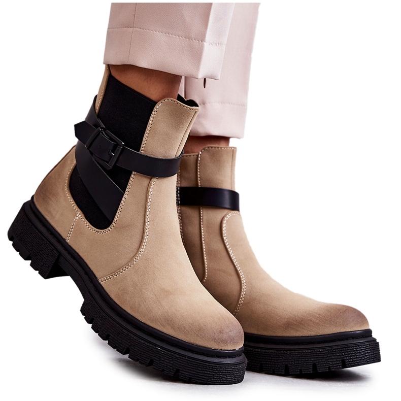 FE1 Botas Quentes Femininas Botas Jodhpur Com cinto Bege Jose