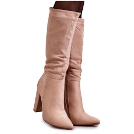 Botas Clássicas com Salto de Camurça Bege Escuro Tressa marrom