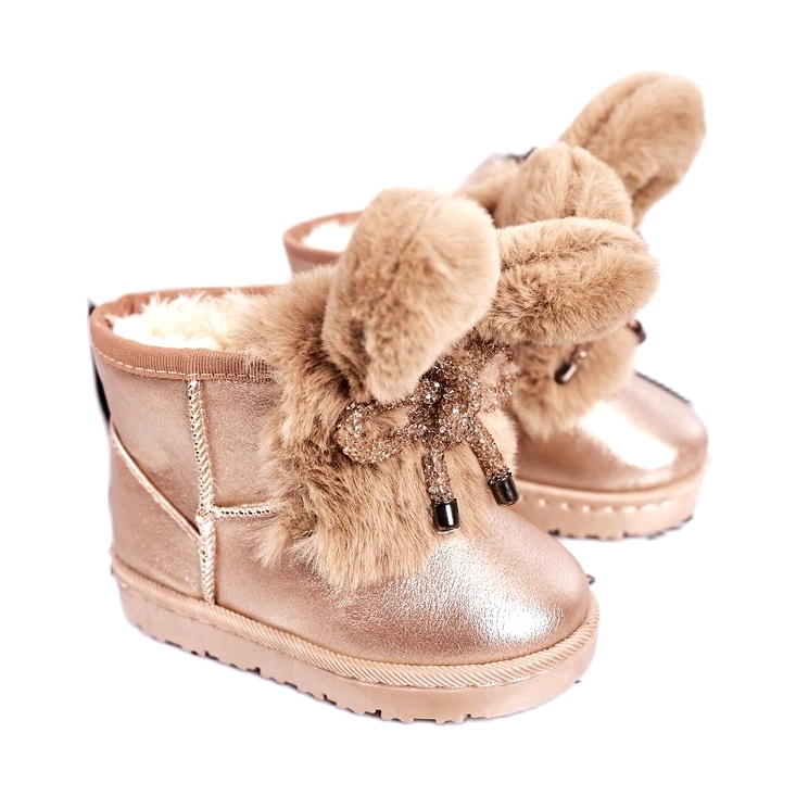 Botas de neve infantis com pele e orelhas Coelhinho de ouro rosa dourado
