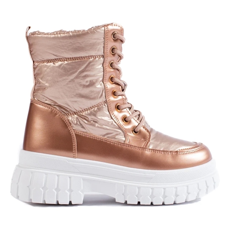 Botas femininas de neve douradas com atacadores dourado