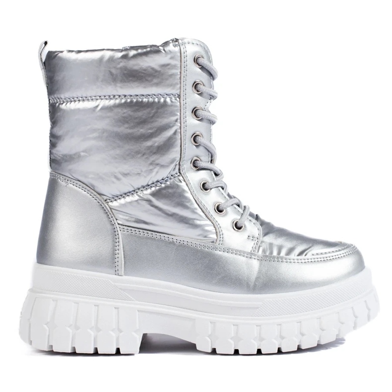 Botas de neve femininas prateadas com cadarço prata