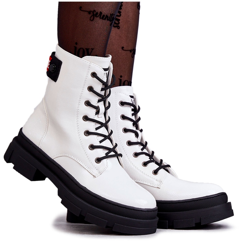 S.Barski Botas femininas lacadas com cordões para trabalho White Conny branco