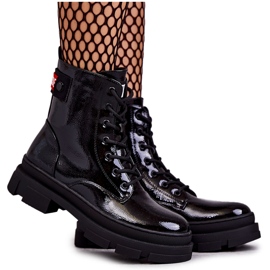 S.Barski Botas femininas lacadas com cadarço Preto Conny