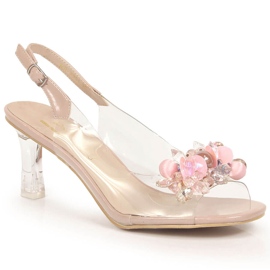 D&A Sandálias transparentes de salto alto com contas rosa DA incolor