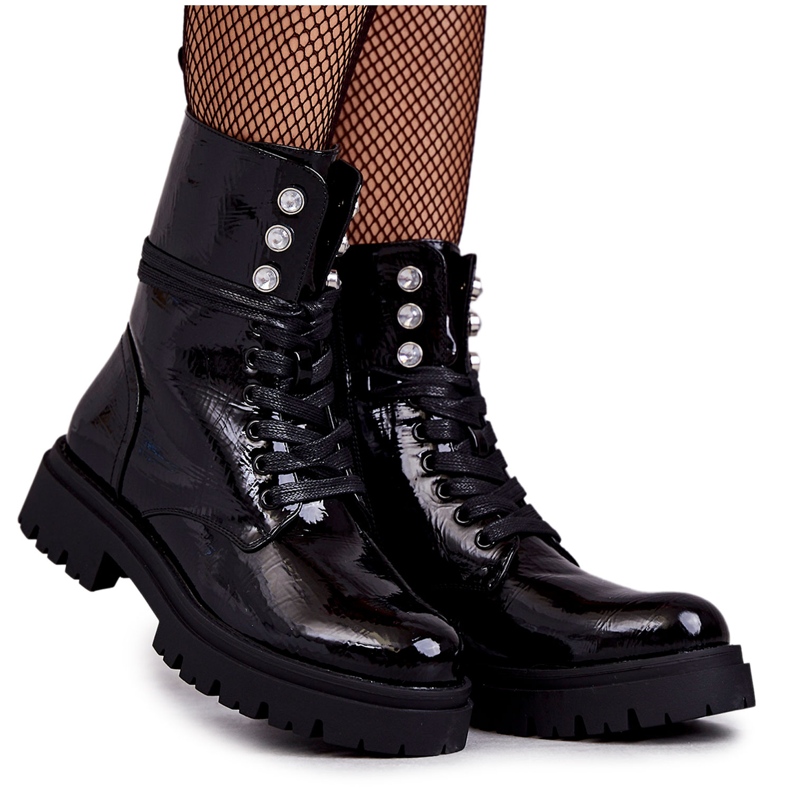 PE1 Botas Lacadas Femininas Trabalhadoras Com Ornamentos Gesine Preta preto