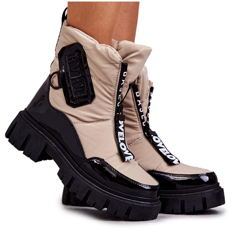 PM1 Botas de neve quentes bege e pretas femininas com zíper Marit