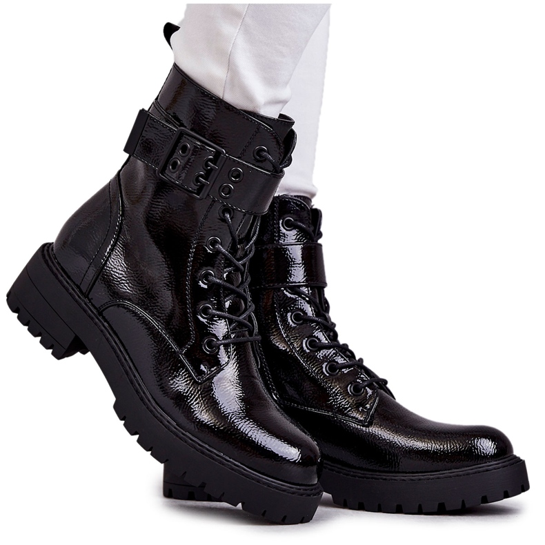 PJ1 Botas Femininas Lacadas Lacadas em Salto Plano Preto Firmina