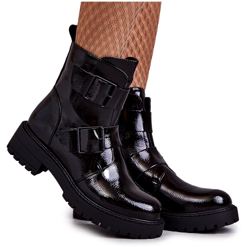 PJ1 Botas femininas lacadas pretas Gritta com zíper preto