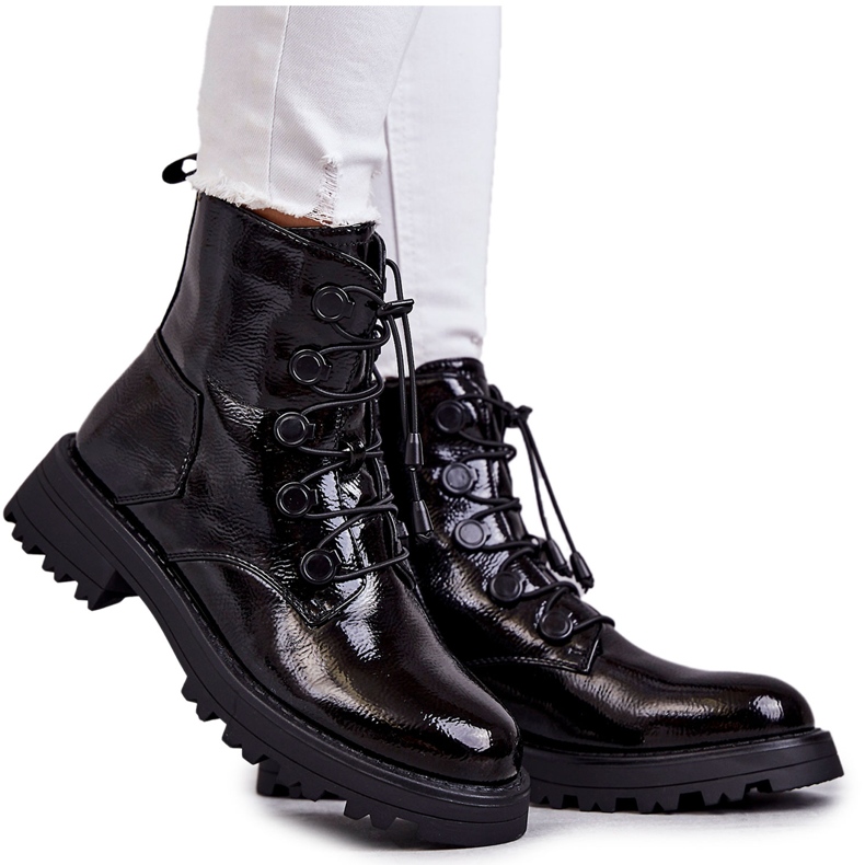 PJ1 Botas quentes femininas lacadas com nervuras pretas Helia preto