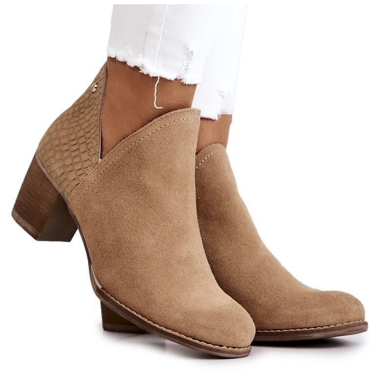PL5 Botas femininas de couro com salto Camel Larsa castanho