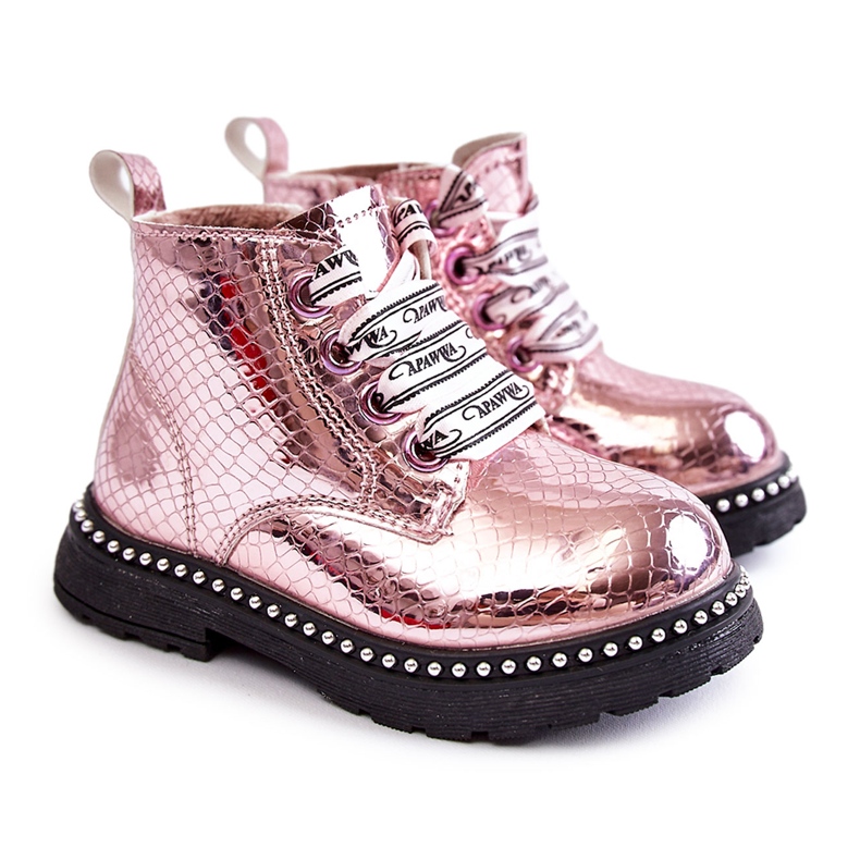 PA1 Botas de couro quentes para crianças Pink Dottie rosa