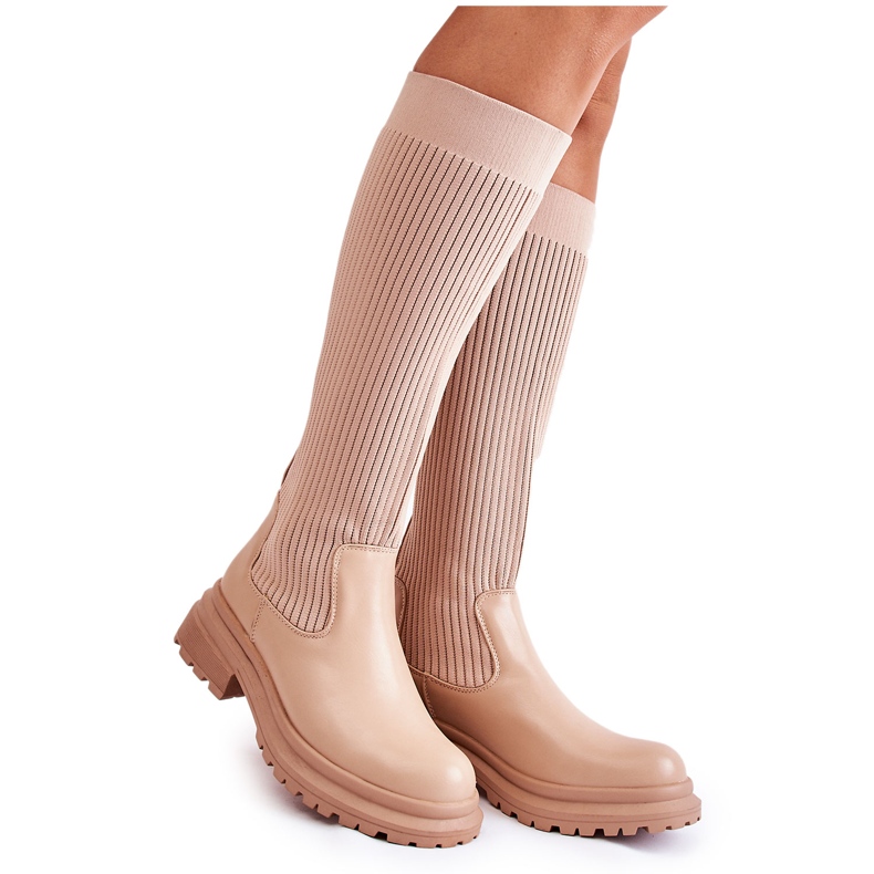 PS1 Botas rasas femininas caneladas bege Allys QT50P