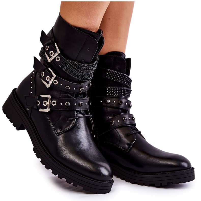 PG1 Botas quentes femininas com tiras Lambert preto liso