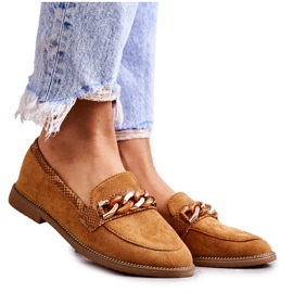FB2 Mocassins femininos de camurça com corrente Camel Nolie castanho