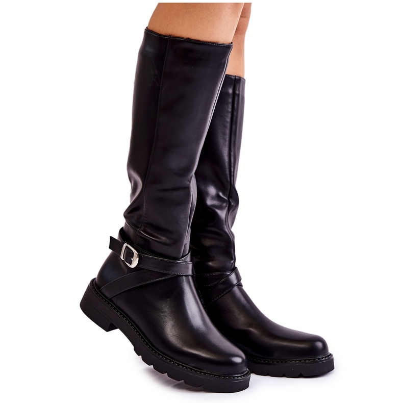 PG1 Botas femininas de couro com cinto preto Liese