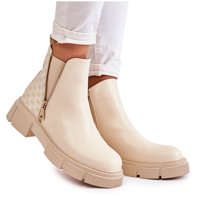 PG1 Botas femininas de couro com zíper decorativo bege claro Lorra
