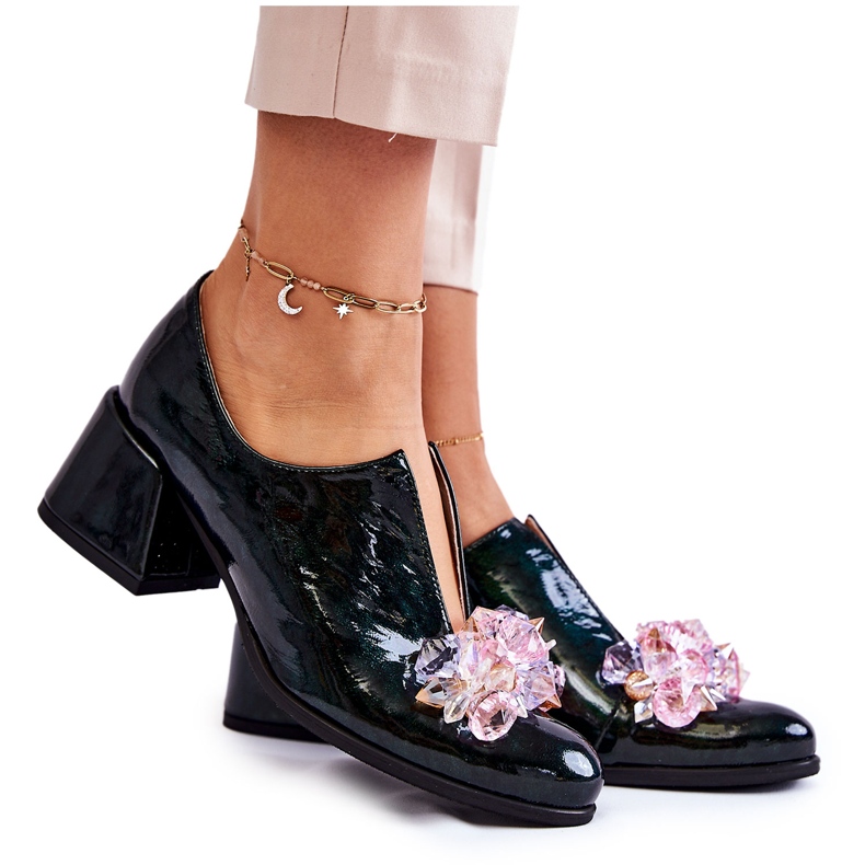 PA2 Sapatos de mosaico envernizado com decoração transparente verde Delaver