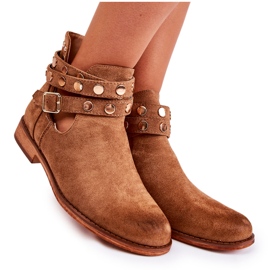 WS1 Botas femininas com jatos em um larino marrom de salto plano