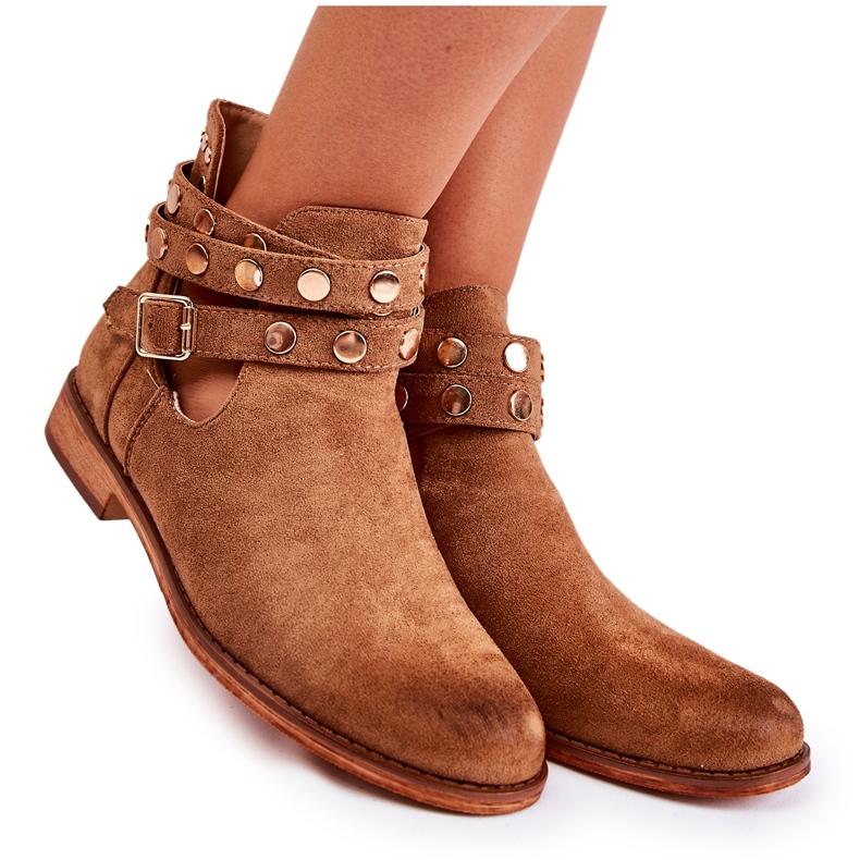 WS1 Botas femininas com jatos em um larino marrom de salto plano castanho