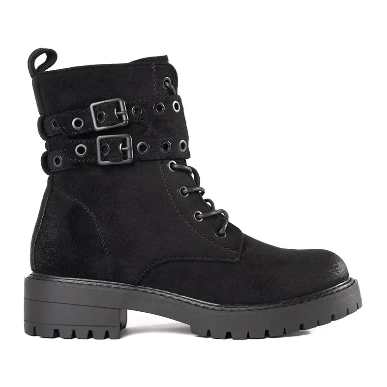 Botins com atacadores e fivelas preto