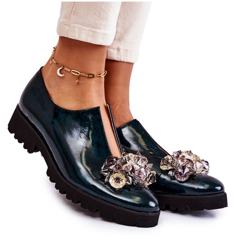 Sapatos Lacados Elegantes com Decoração Cindy Verde Escuro