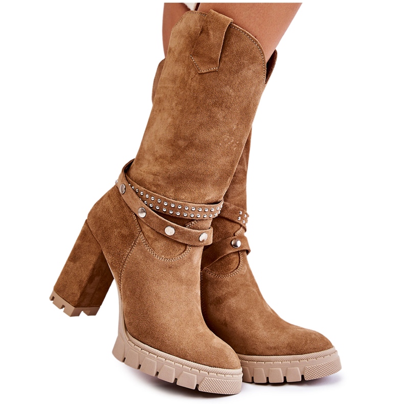 Botas femininas de salto alto Lewski Shoes 3246 Bege castanho
