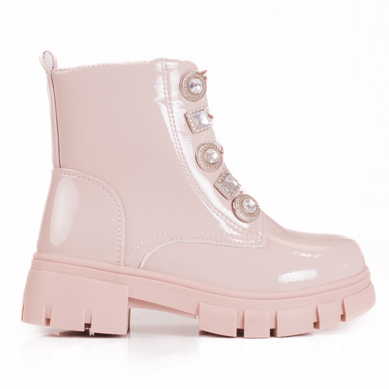 Botins rosa com atacadores e decorações