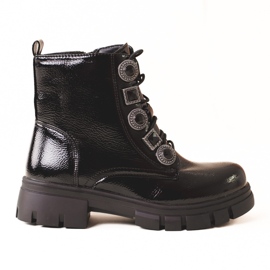 Botins pretos de menina com atacadores e decorações