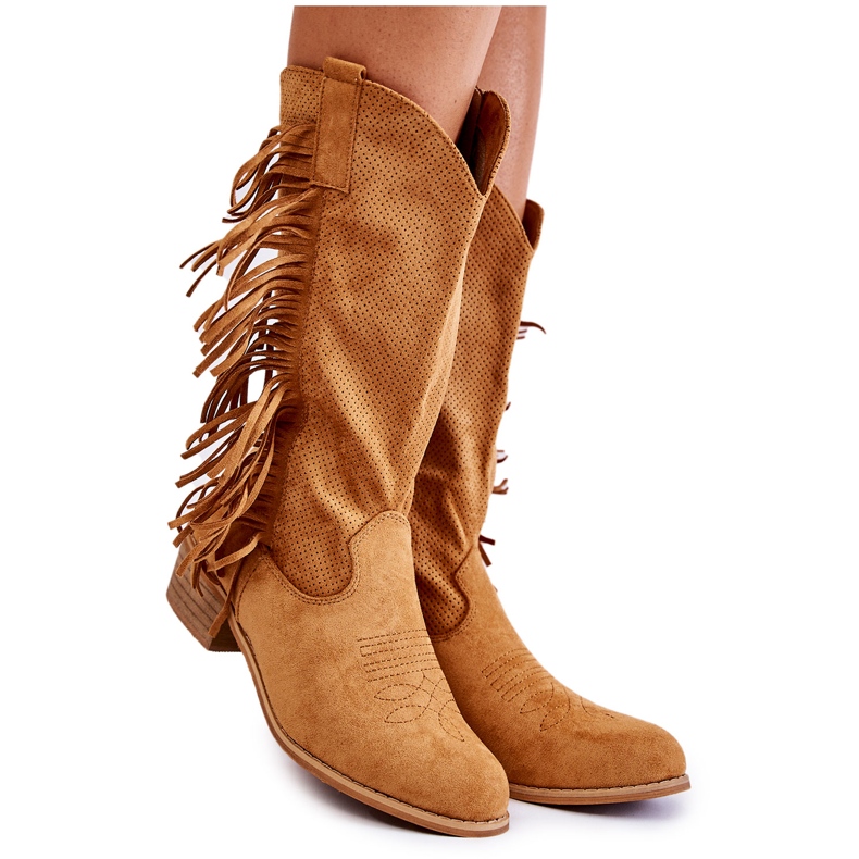 PG2 Botas de cowboy femininas de camurça com franjas Camel Haddy castanho