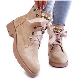 FB2 Botas Quentes de Camurça Com Zíper Com Pérolas Bege Raiso