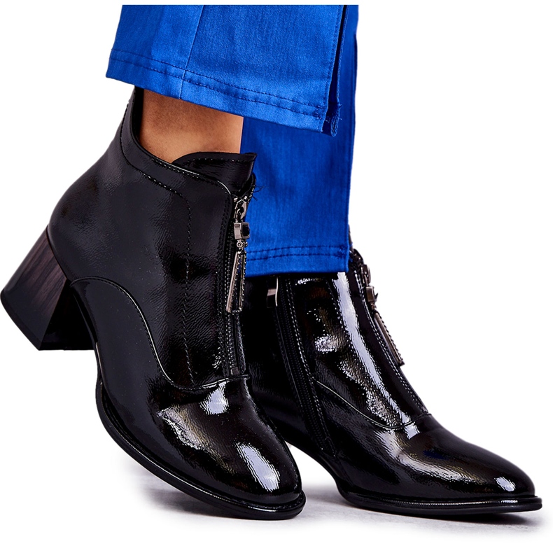 S.Barski Botins femininos de couro envernizado com zíper, pretos