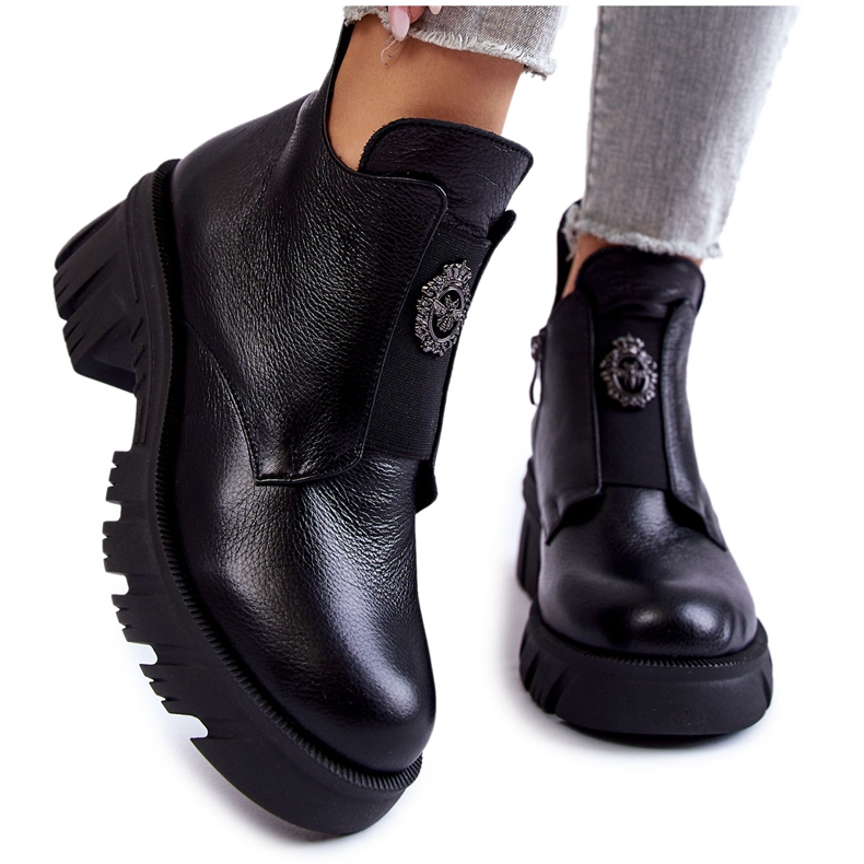 PL5 Botas de couro femininas com decoração em Maley preto