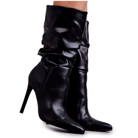 WS1 Botas de couro ecológico amassadas com salto alto preto Caren S1707