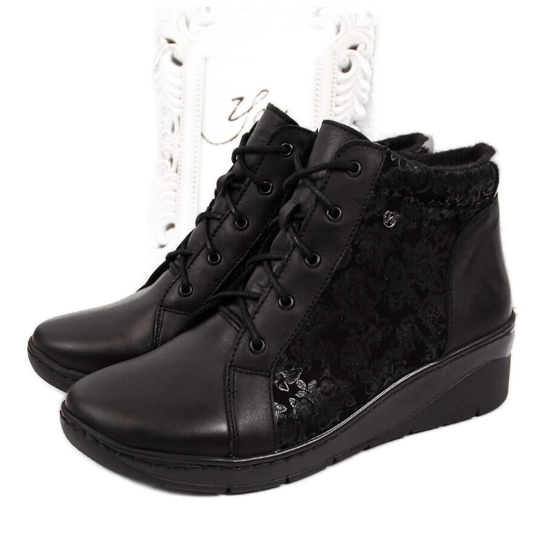 Botas femininas de couro preto com salto de cunha, preto Helios 537