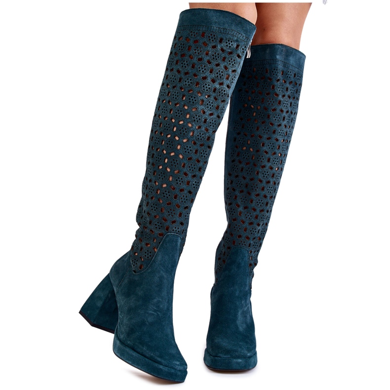 PA2 Botas de camurça a céu aberto em castres verdes de salto alto multicolorido