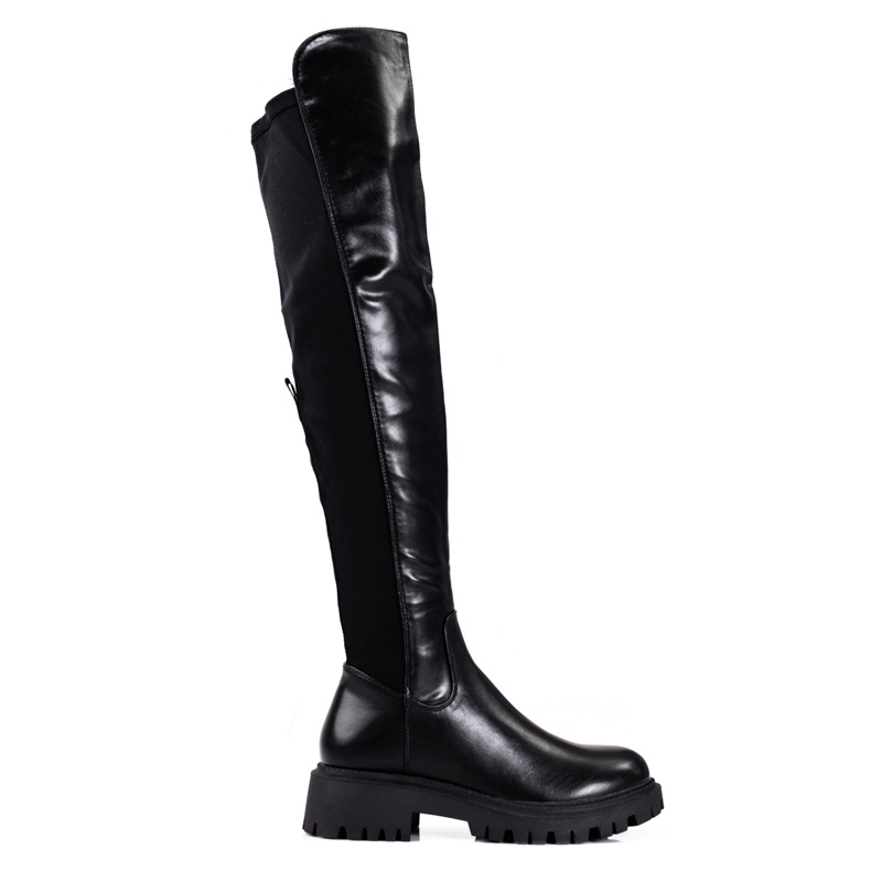Botas femininas Shelovet cano alto feitas de couro ecológico preto
