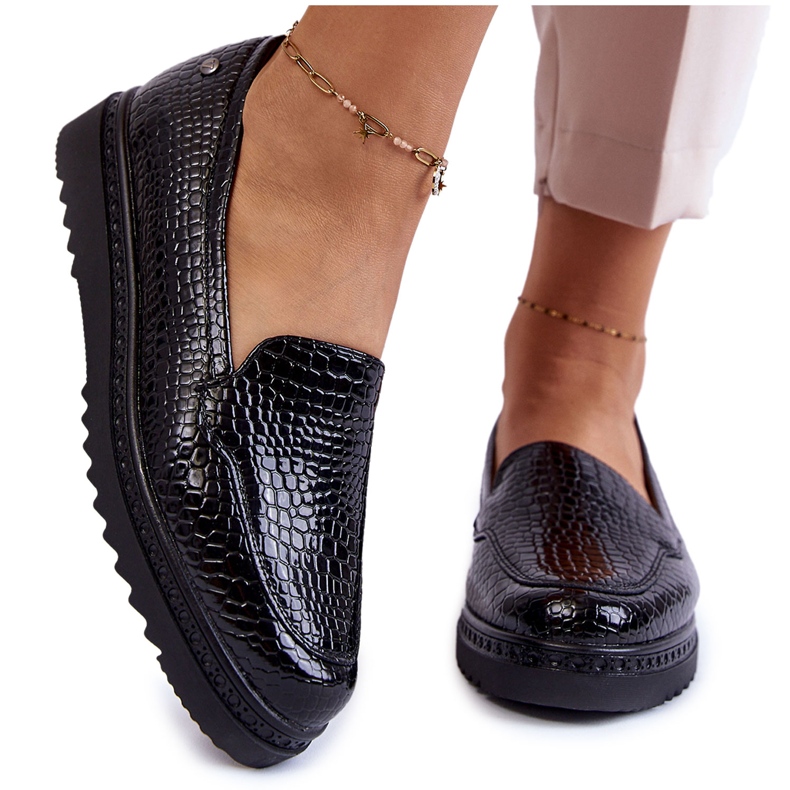 Vinceza Mocassins lacados com padrão de crocodilo na plataforma Black Diane preto
