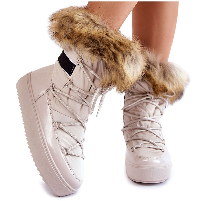 Botas de neve femininas Shannon bege com cadarço e pele
