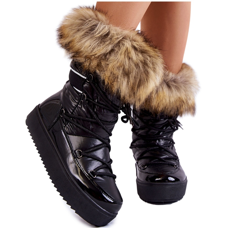 PA1 Botas de neve femininas com cadarço com pele preta Shannon preto
