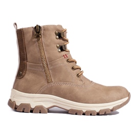 Botas femininas com atacadores e zíper decorativo marrom