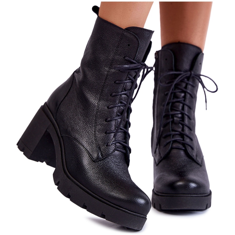 PL5 Botas femininas de couro com salto alto preto Rea