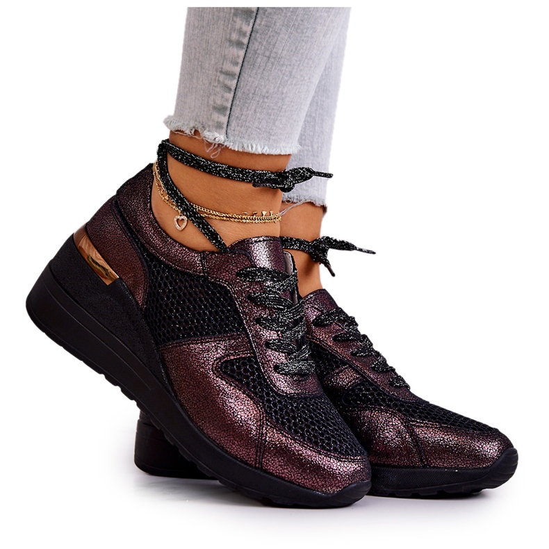 Tênis de cunha de couro com malha S.Barski preto