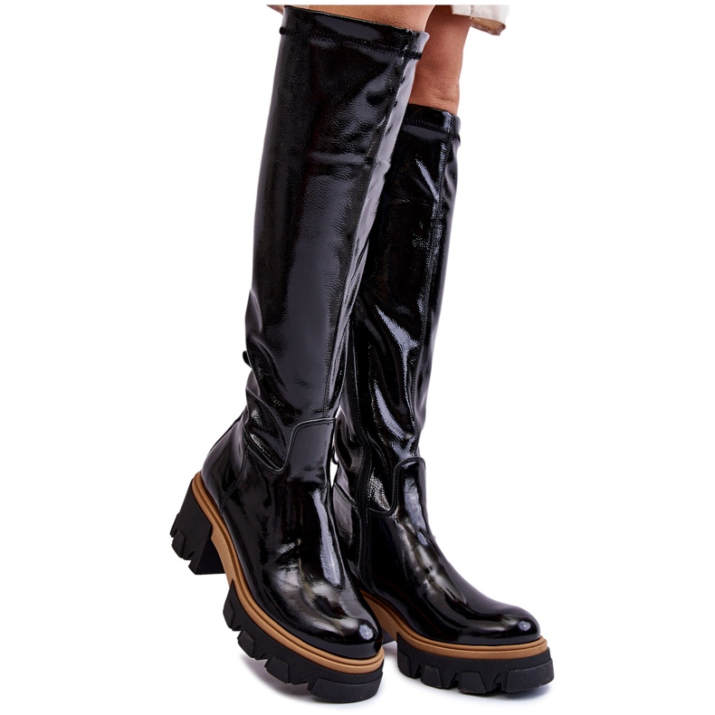 PL5 Botas femininas over knee na moda laqueadas pretas venise preto