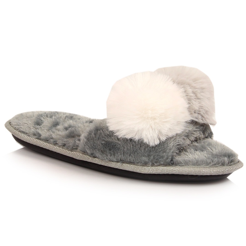 BM Chinelos de pele de mulher com pompons cinza Stella