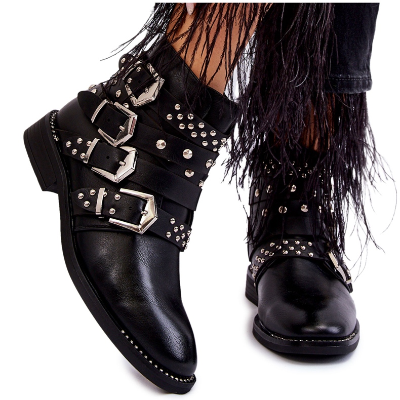 PA1 Botas femininas com listras e tachas pretas Ramso preto