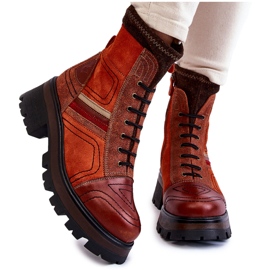 Botas femininas de couro salto baixo Maciejka 05624-08 laranja-marrom