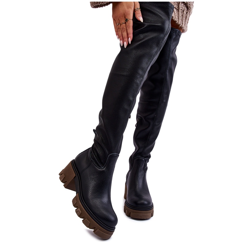 PL5 Botas de couro femininas da moda over the knee pretas venise preto