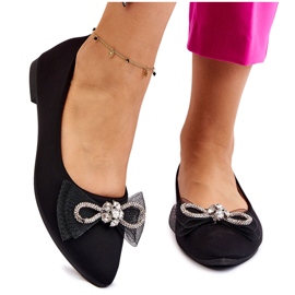 PS1 Bailarinas femininas pontiagudas com laço decorativo preto luminoso